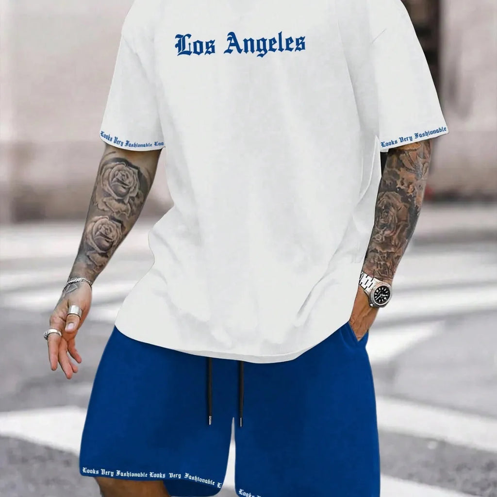 Sports style short sleeve top and shorts set in thin quick-drying fabric, shown in a printed pattern.