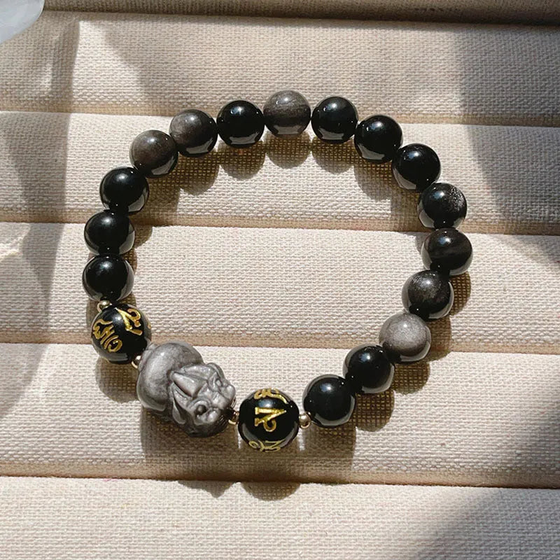 Men's silver bracelet with zodiac symbols and Chinese proverb beads on Silverstone