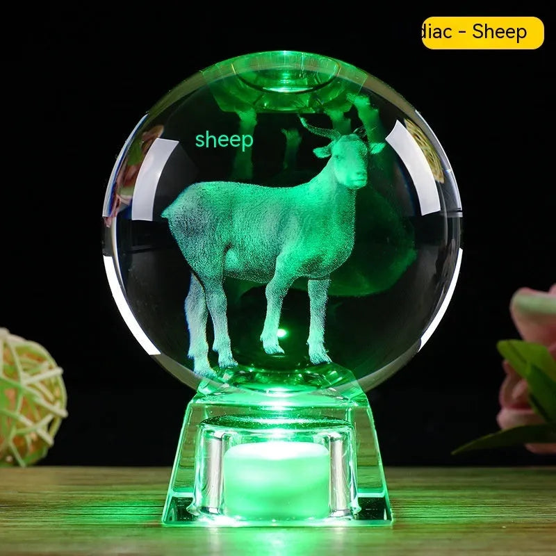 White luminous crystal ball ornament with Chinese zodiac animal figure on electronic base.