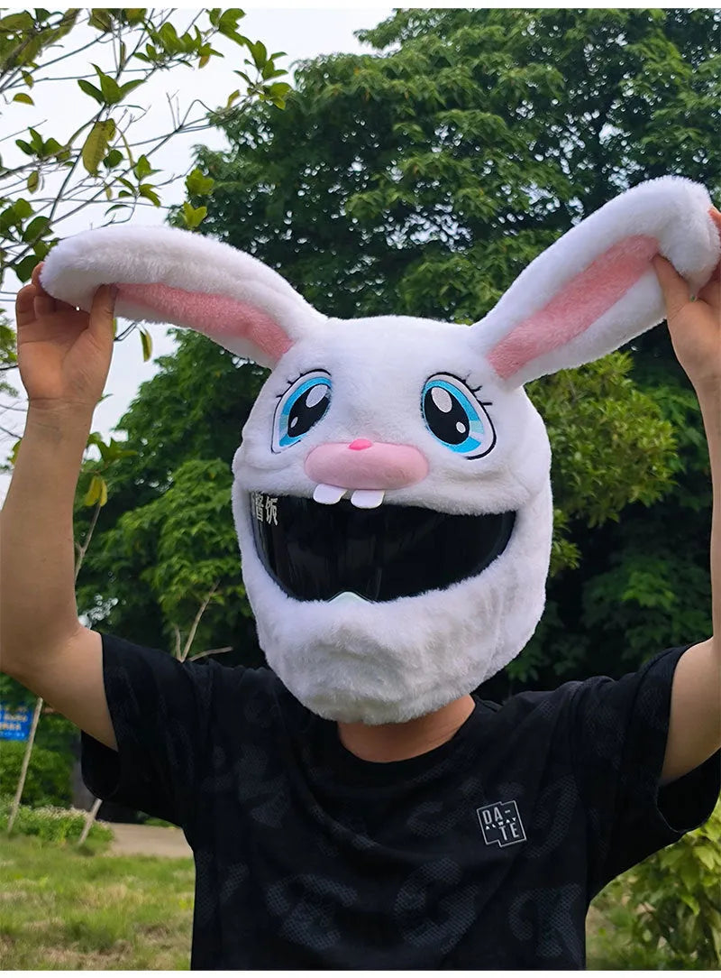 White long-eared rabbit head plush helmet cover for electric motorcycle helmets