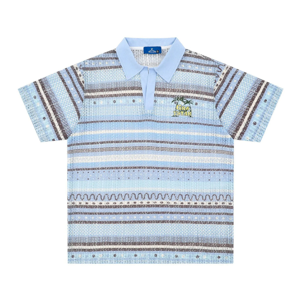 Men's blue printed short sleeve shirt with loose leisure fit on hanger