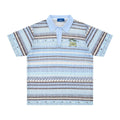 Men's blue printed short sleeve shirt with loose leisure fit on hanger