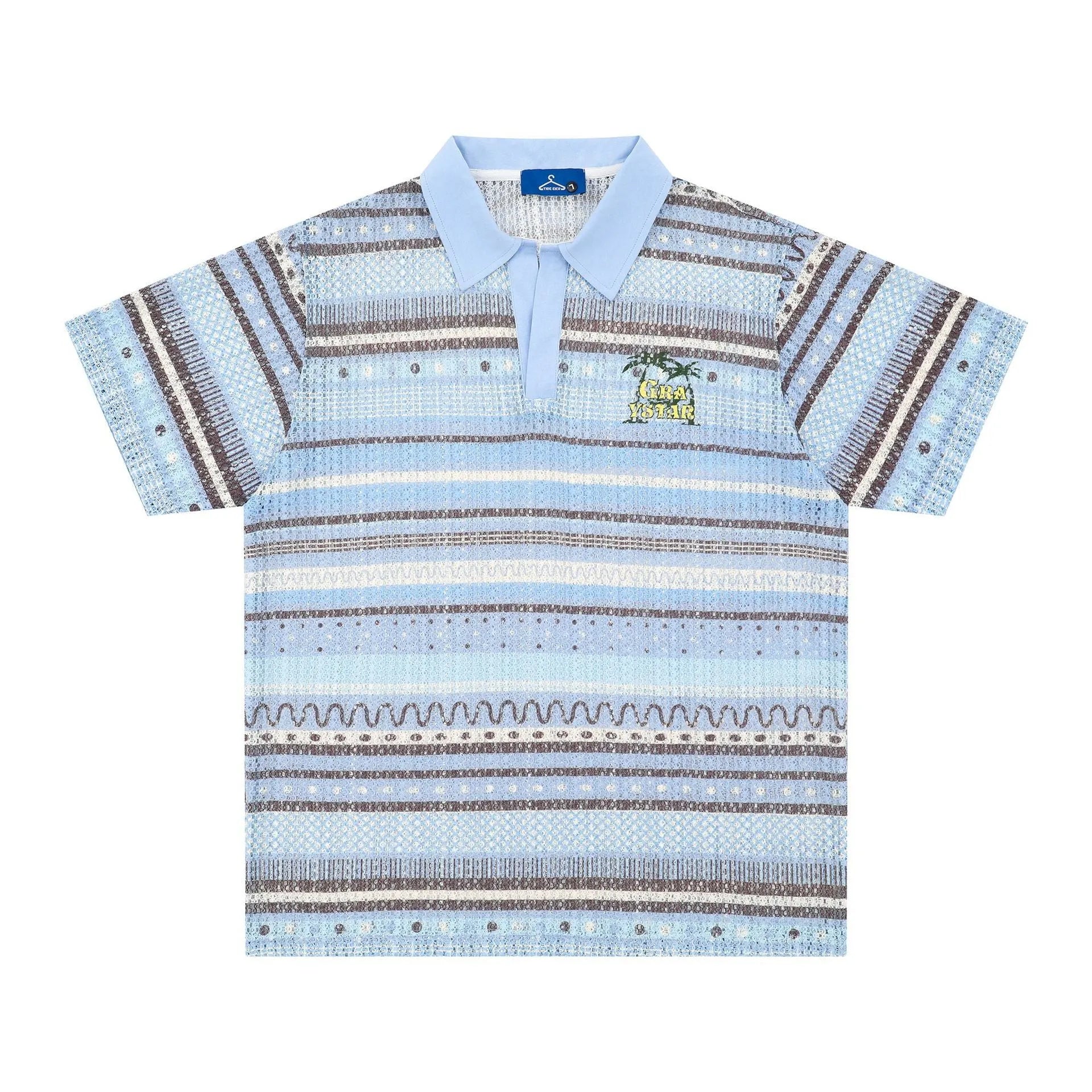 Men's blue printed short sleeve shirt with loose leisure fit on hanger