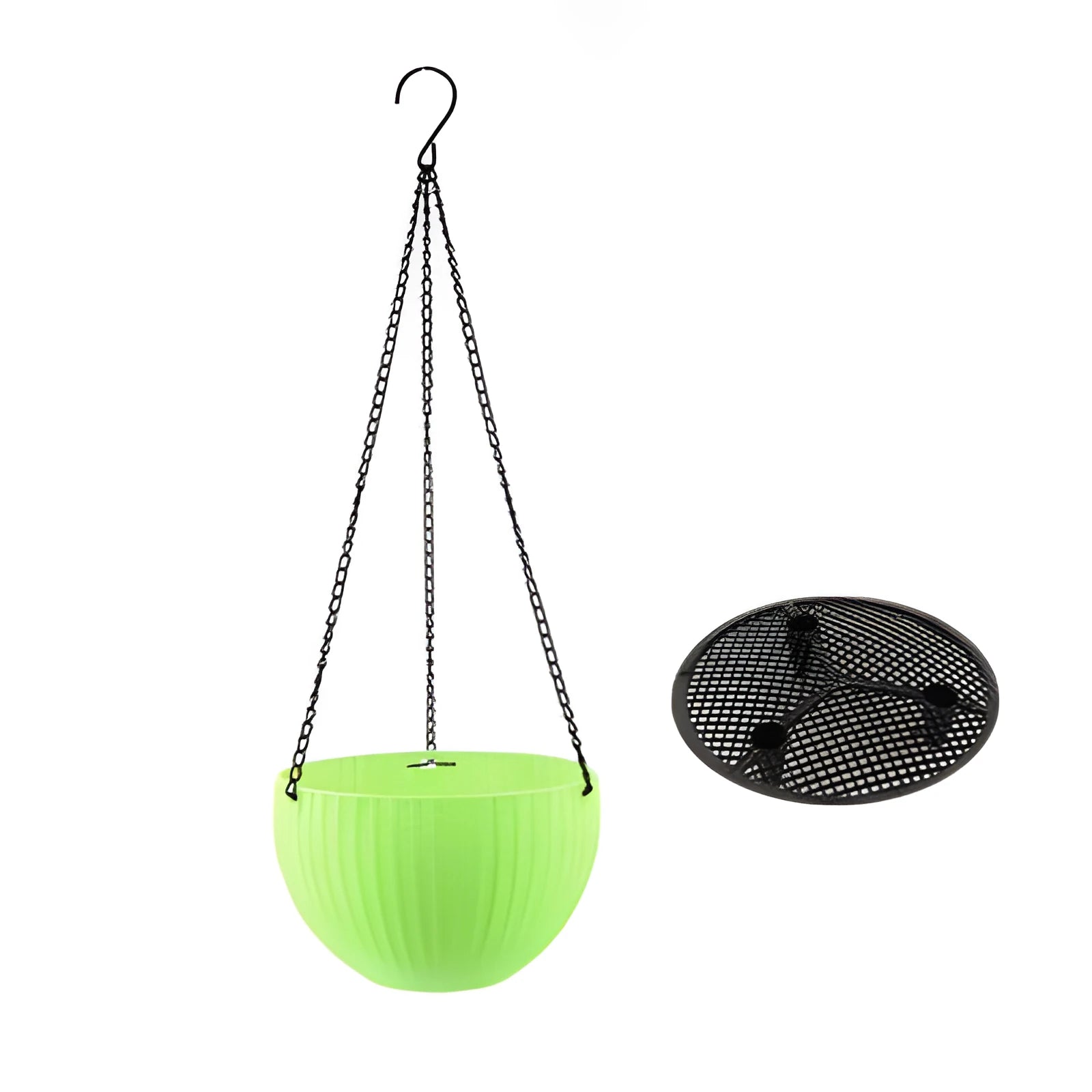 Plastic hanging basket with chain in one of seven colours: black, blue, bronze, green, grey, red, or white.