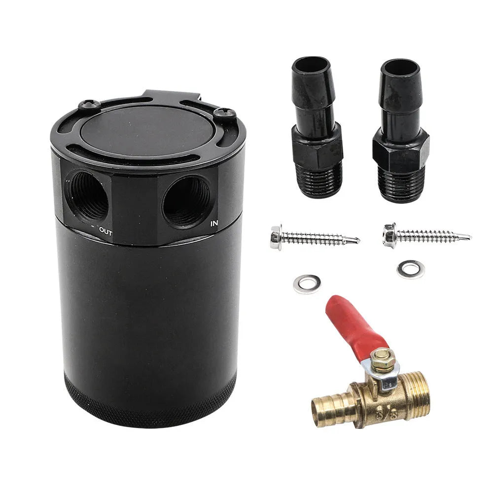 Black aluminium automotive machine oil pot with two ventilation holes and oil-free valve