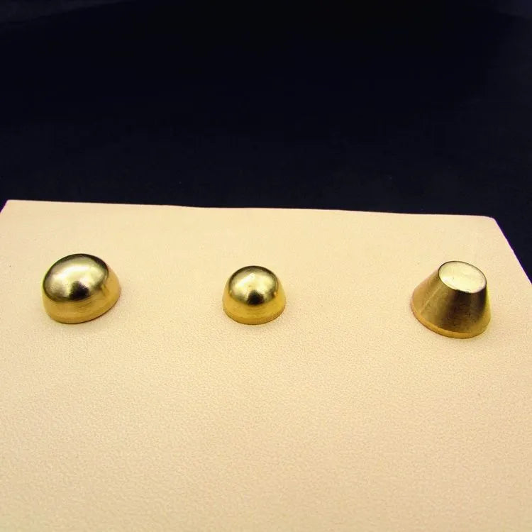 Brass decorative buckle foot nails in round and bucket styles measuring 10mm and 12mm