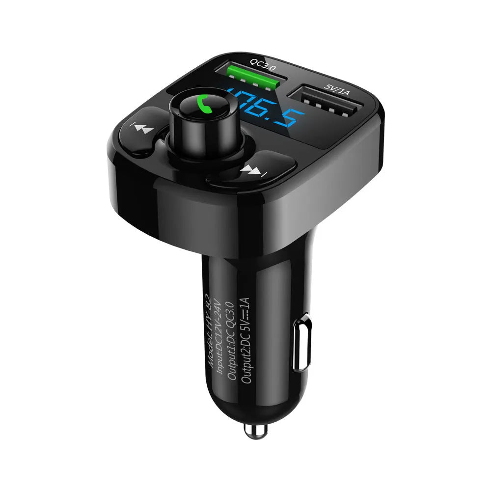 HY82 car Bluetooth MP3 transmitter plugged into a vehicle cigarette lighter socket