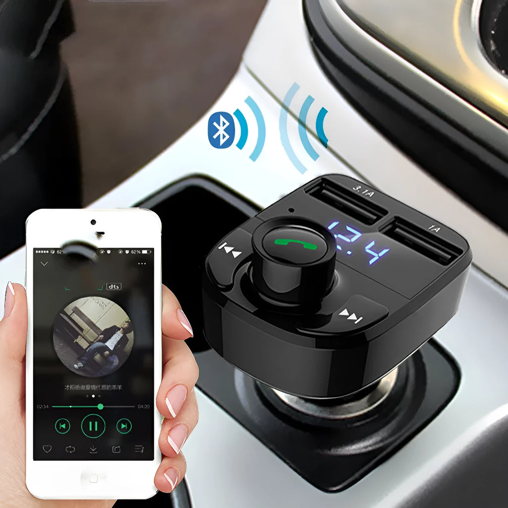 HY82 car Bluetooth MP3 transmitter plugged into a vehicle cigarette lighter socket