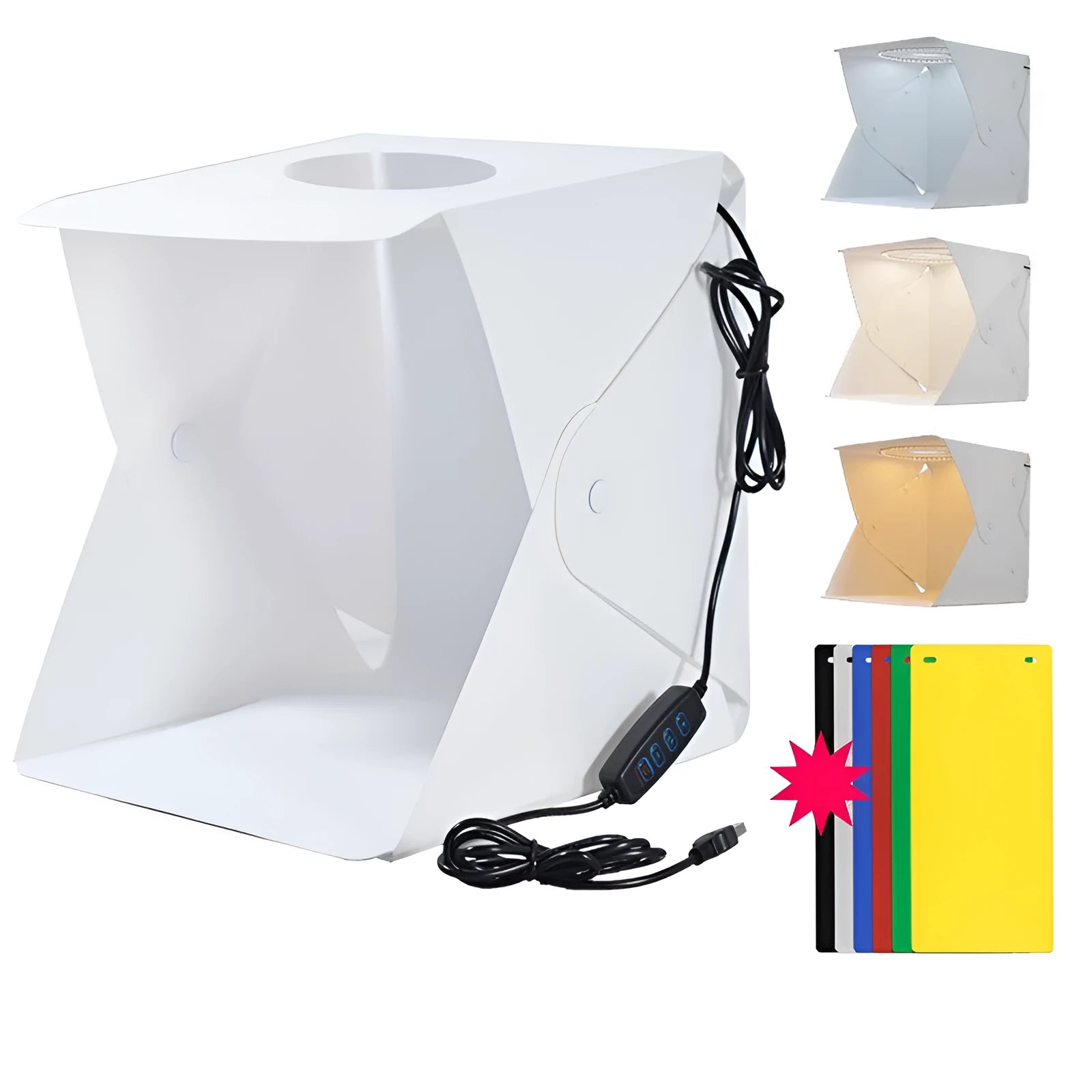 40cm folding studio soft light box with adjustable LED ring light and multi-colour backdrop cloths