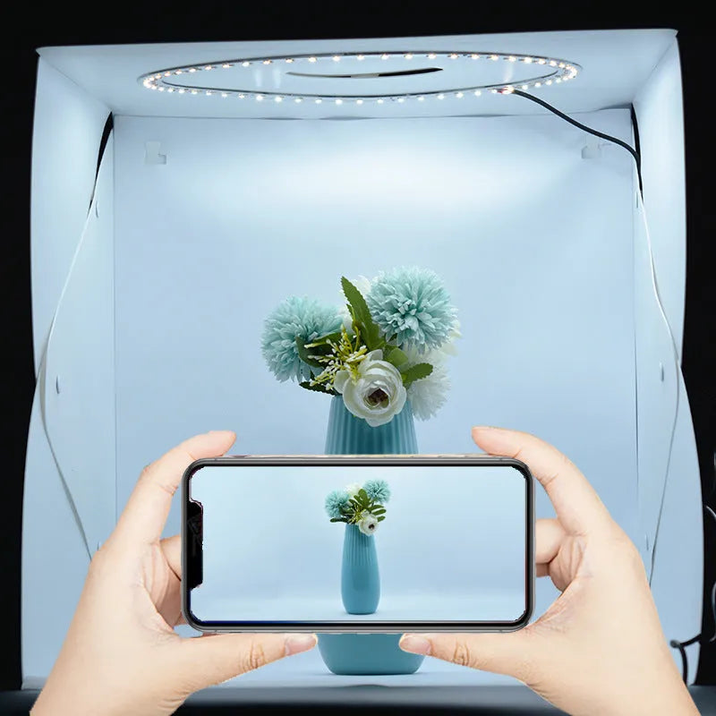 40cm folding studio soft light box with adjustable LED ring light and multi-colour backdrop cloths