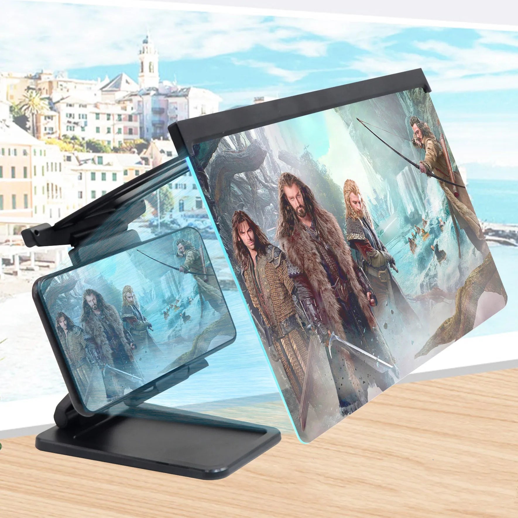 Black L20 split-design 12-inch mobile phone screen magnifier with separate adjustable stand on a table.