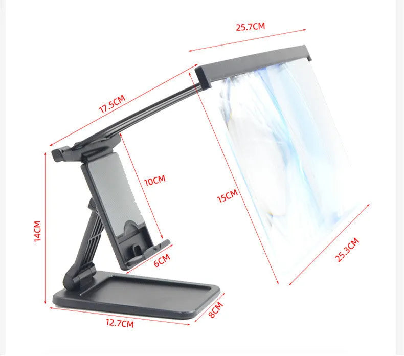 Black L20 split-design 12-inch mobile phone screen magnifier with separate adjustable stand on a table.