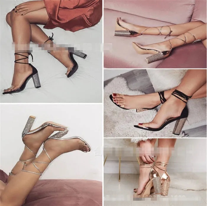 Plastic high heels with pointed toe in black and gold colours on white background