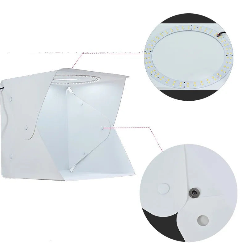 40cm folding studio soft light box with adjustable LED ring light and multi-colour backdrop cloths