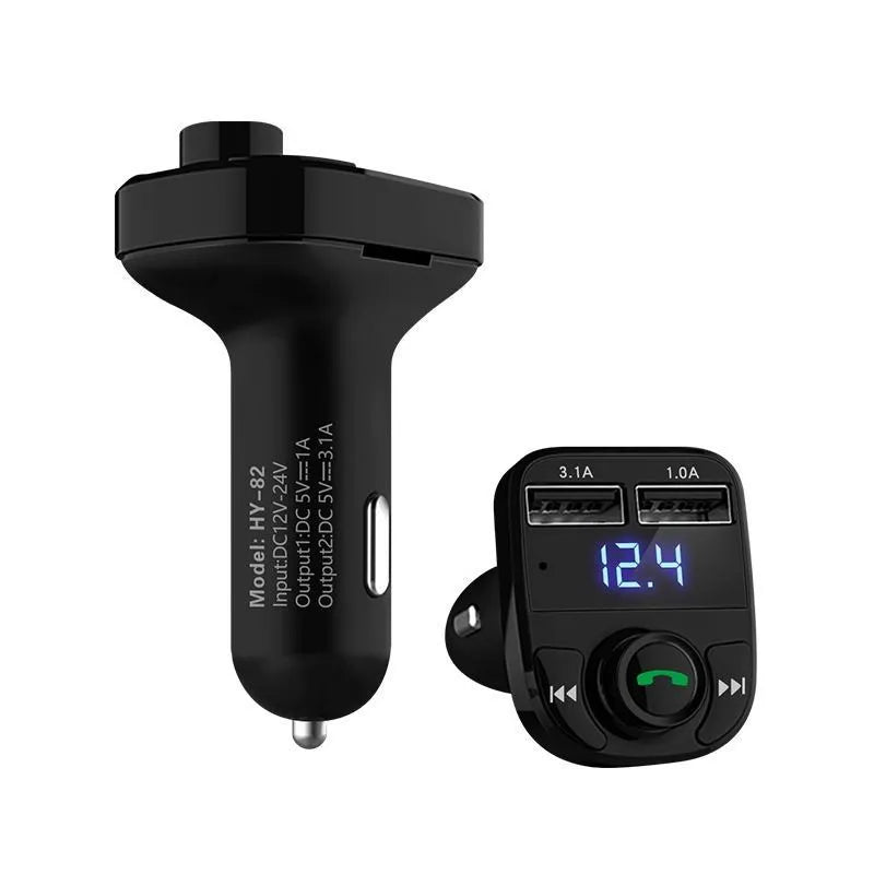 HY82 car Bluetooth MP3 transmitter plugged into a vehicle cigarette lighter socket