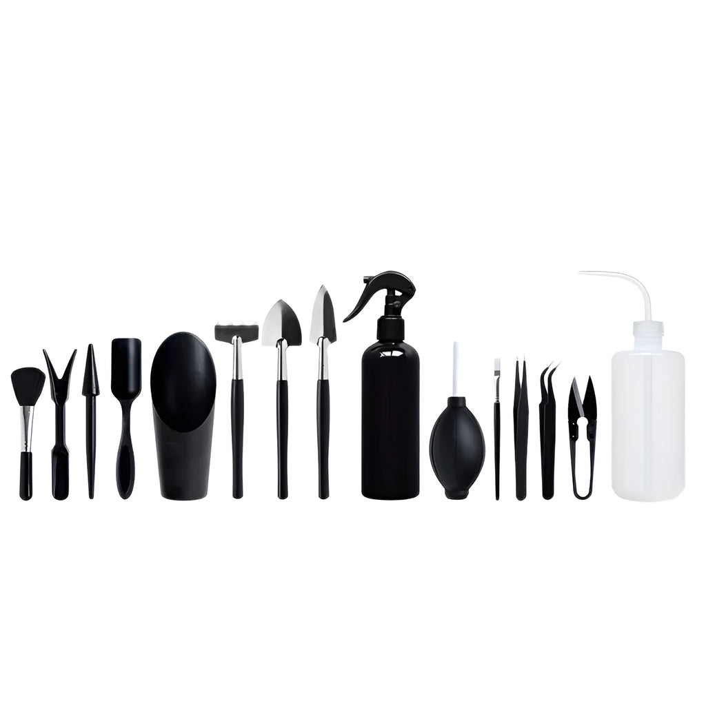 16-piece black succulent gardening tools set with cushion showing scissors, tweezers, shovel, rake and spray bottle