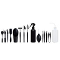 16-piece black succulent gardening tools set with cushion showing scissors, tweezers, shovel, rake and spray bottle