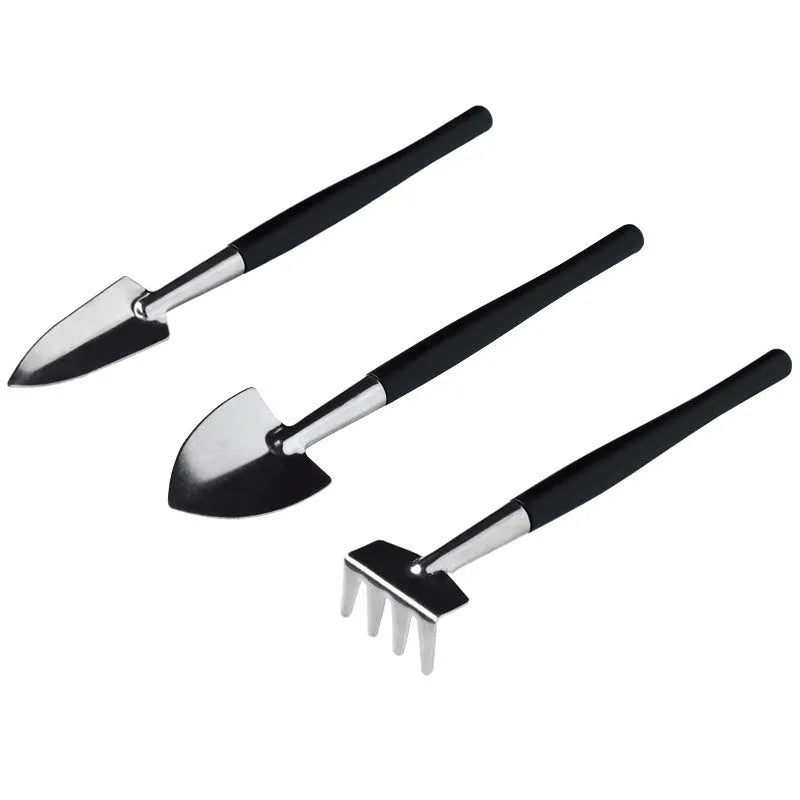 16-piece black succulent gardening tools set with cushion showing scissors, tweezers, shovel, rake and spray bottle