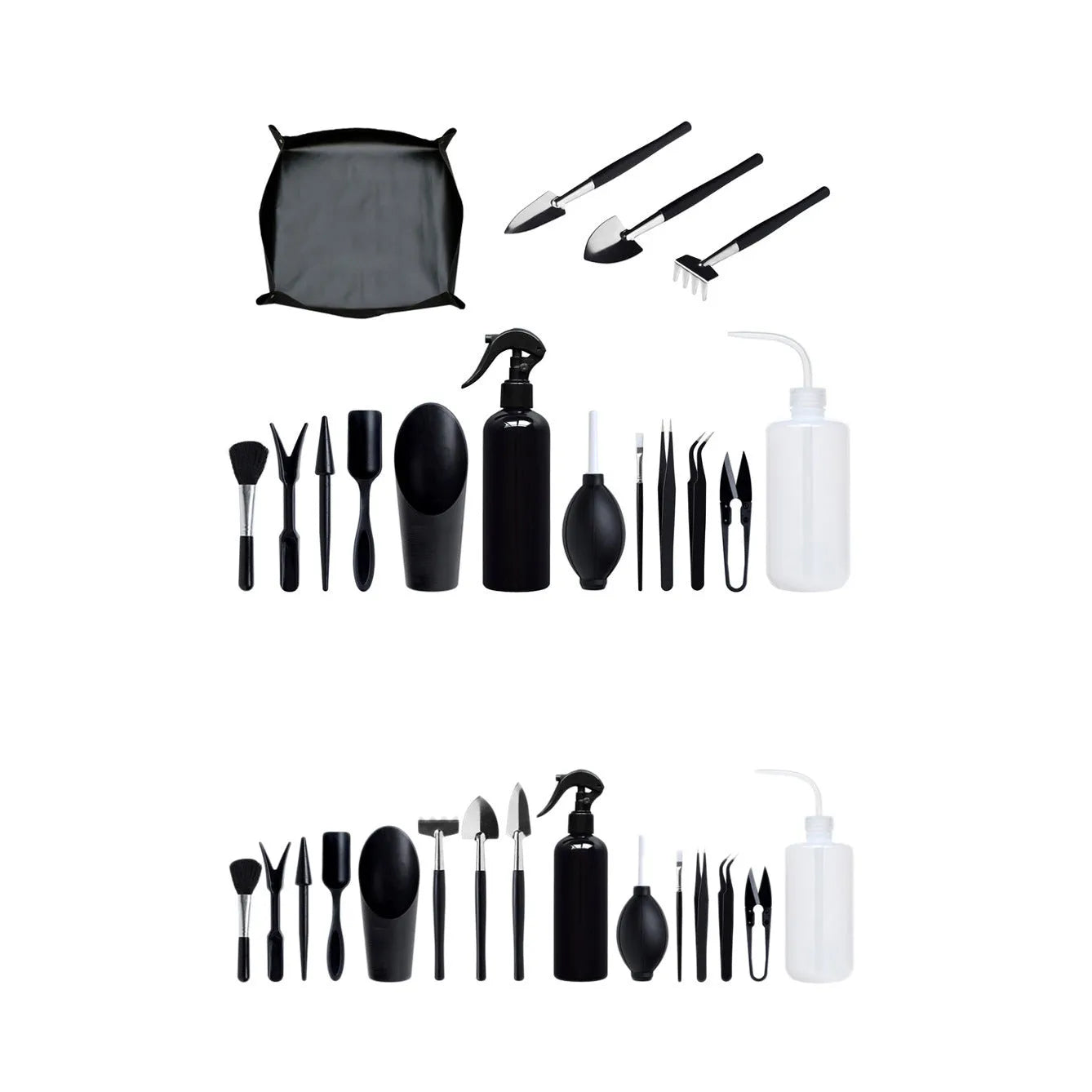 16-piece black succulent gardening tools set with cushion showing scissors, tweezers, shovel, rake and spray bottle