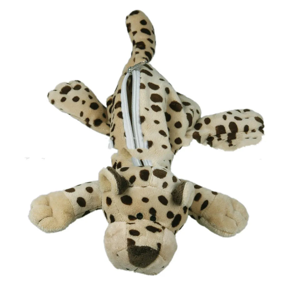 Soft plush round pencil case with cartoon animal design for children, shown with pens.