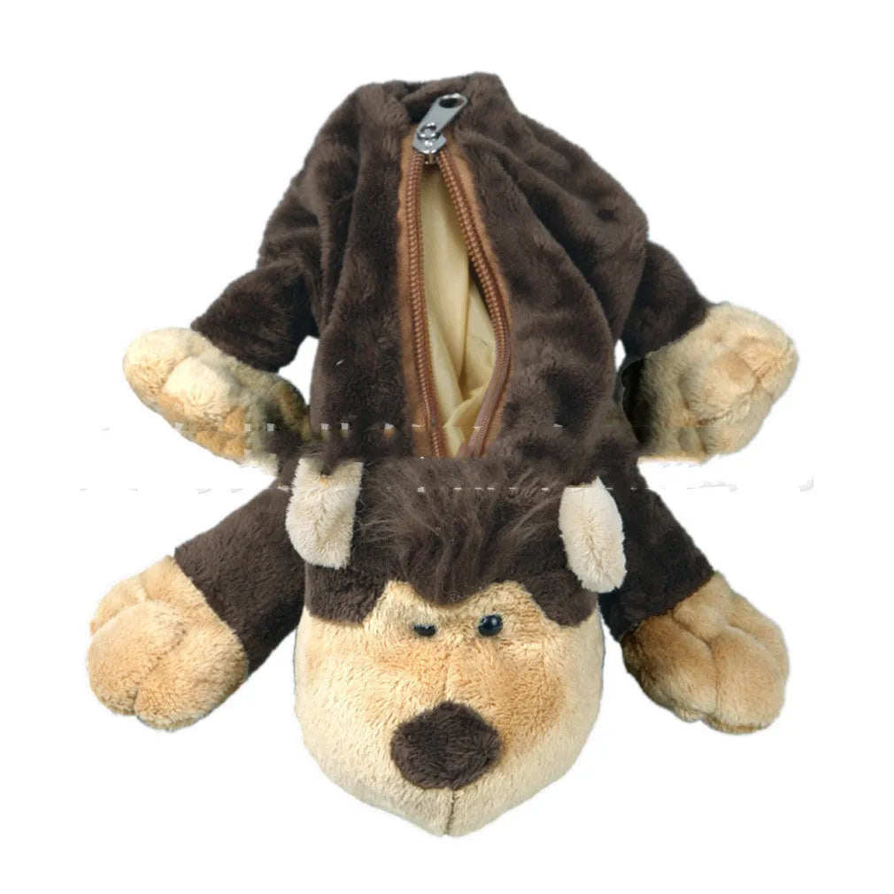 Soft plush round pencil case with cartoon animal design for children, shown with pens.
