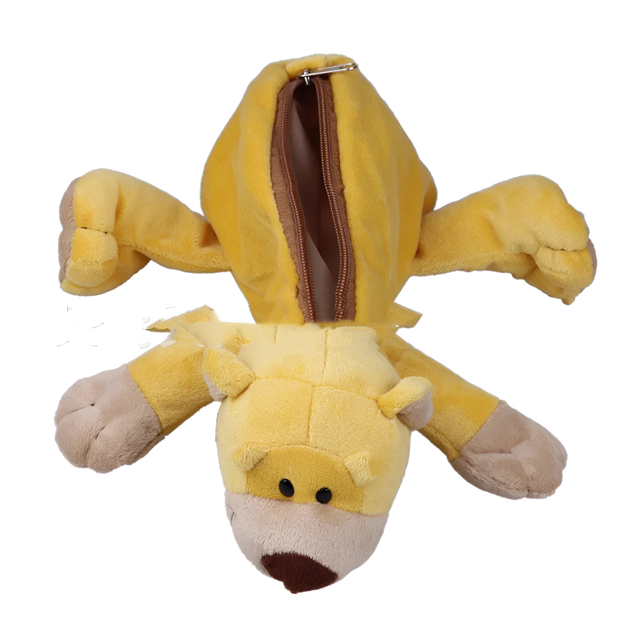 Soft plush round pencil case with cartoon animal design for children, shown with pens.