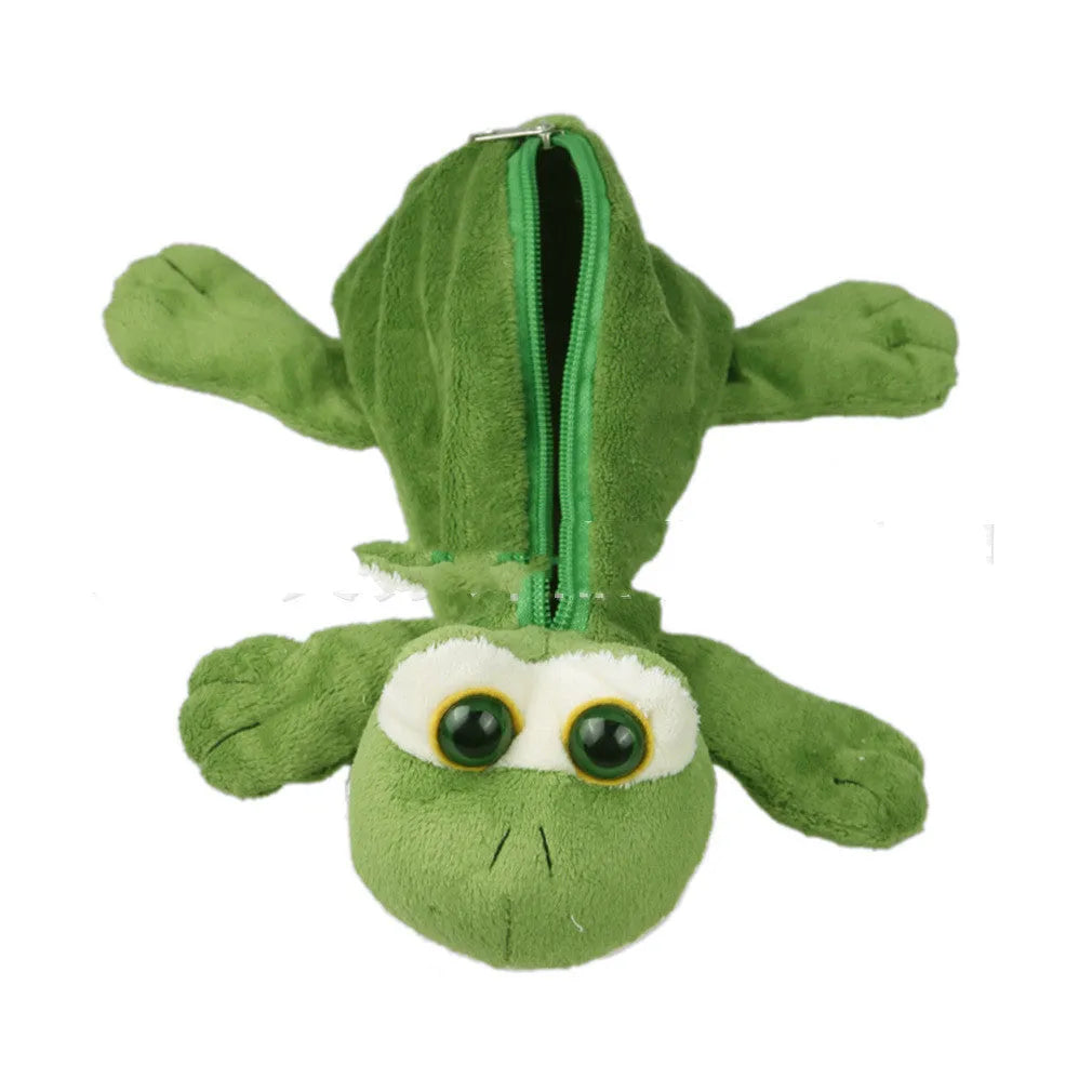 Soft plush round pencil case with cartoon animal design for children, shown with pens.