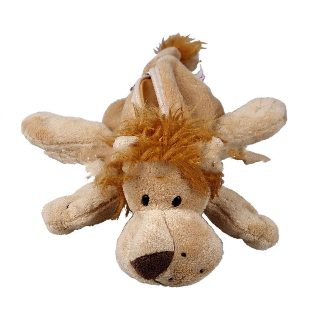 Soft plush round pencil case with cartoon animal design for children, shown with pens.
