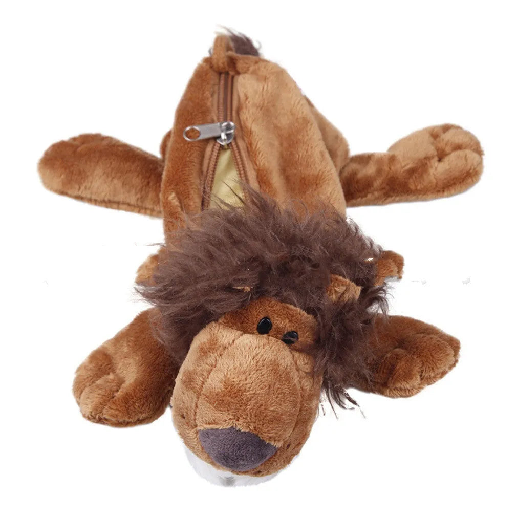 Soft plush round pencil case with cartoon animal design for children, shown with pens.