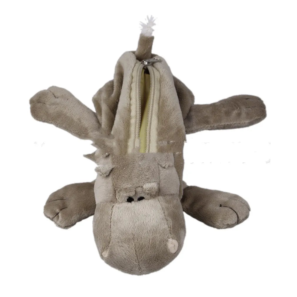Soft plush round pencil case with cartoon animal design for children, shown with pens.
