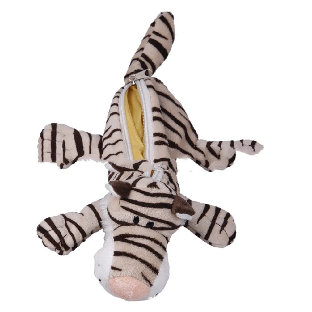 Soft plush round pencil case with cartoon animal design for children, shown with pens.