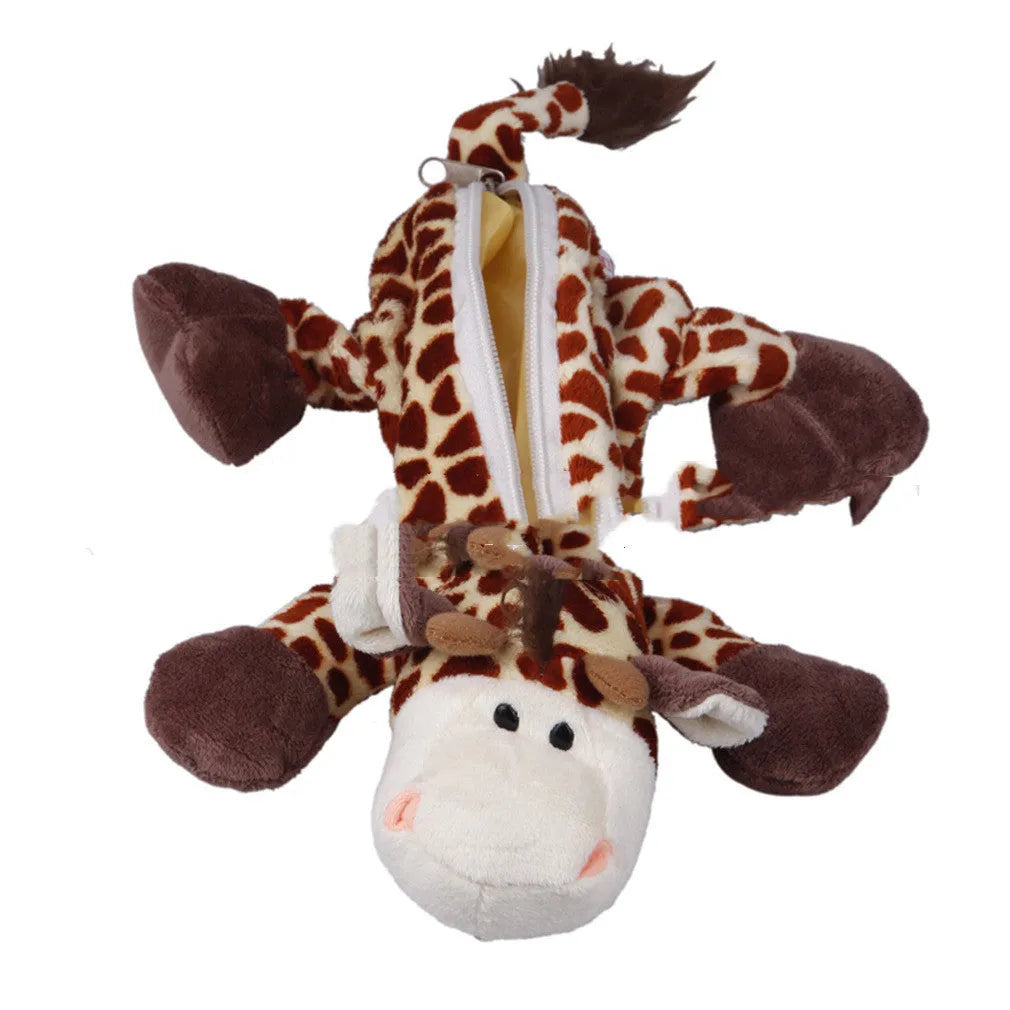 Soft plush round pencil case with cartoon animal design for children, shown with pens.
