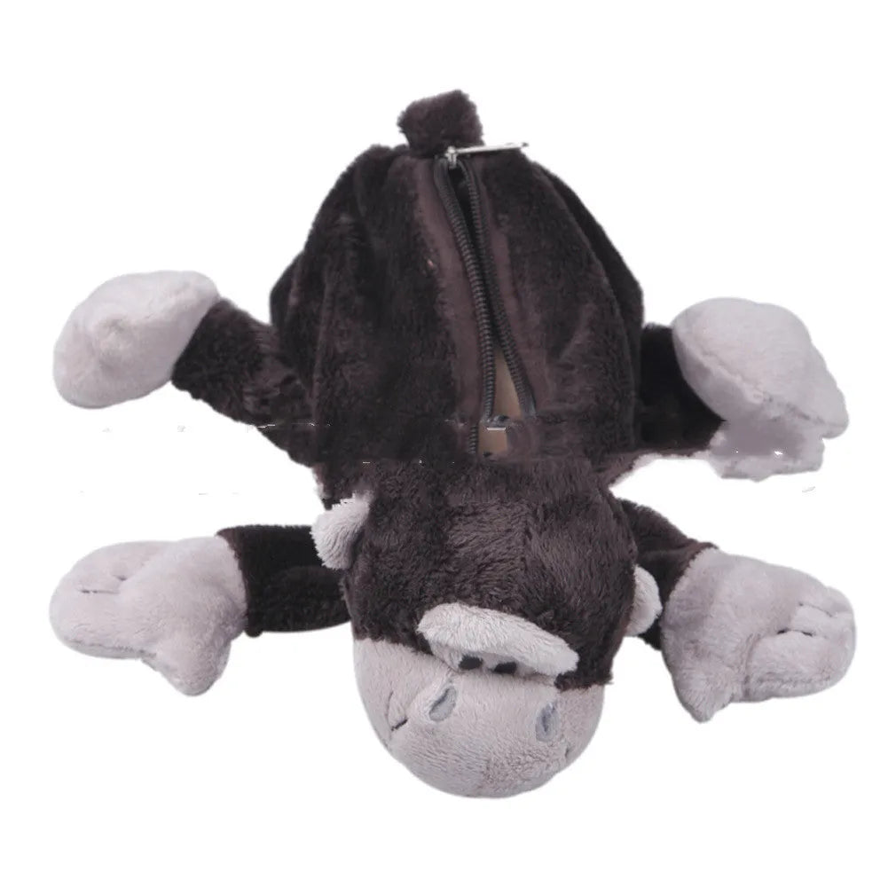 Soft plush round pencil case with cartoon animal design for children, shown with pens.