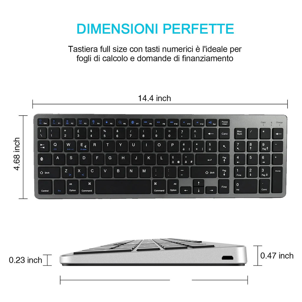 Ultra-thin white Bluetooth keyboard next to a tablet, showing its slim 13mm profile and 104-key layout.