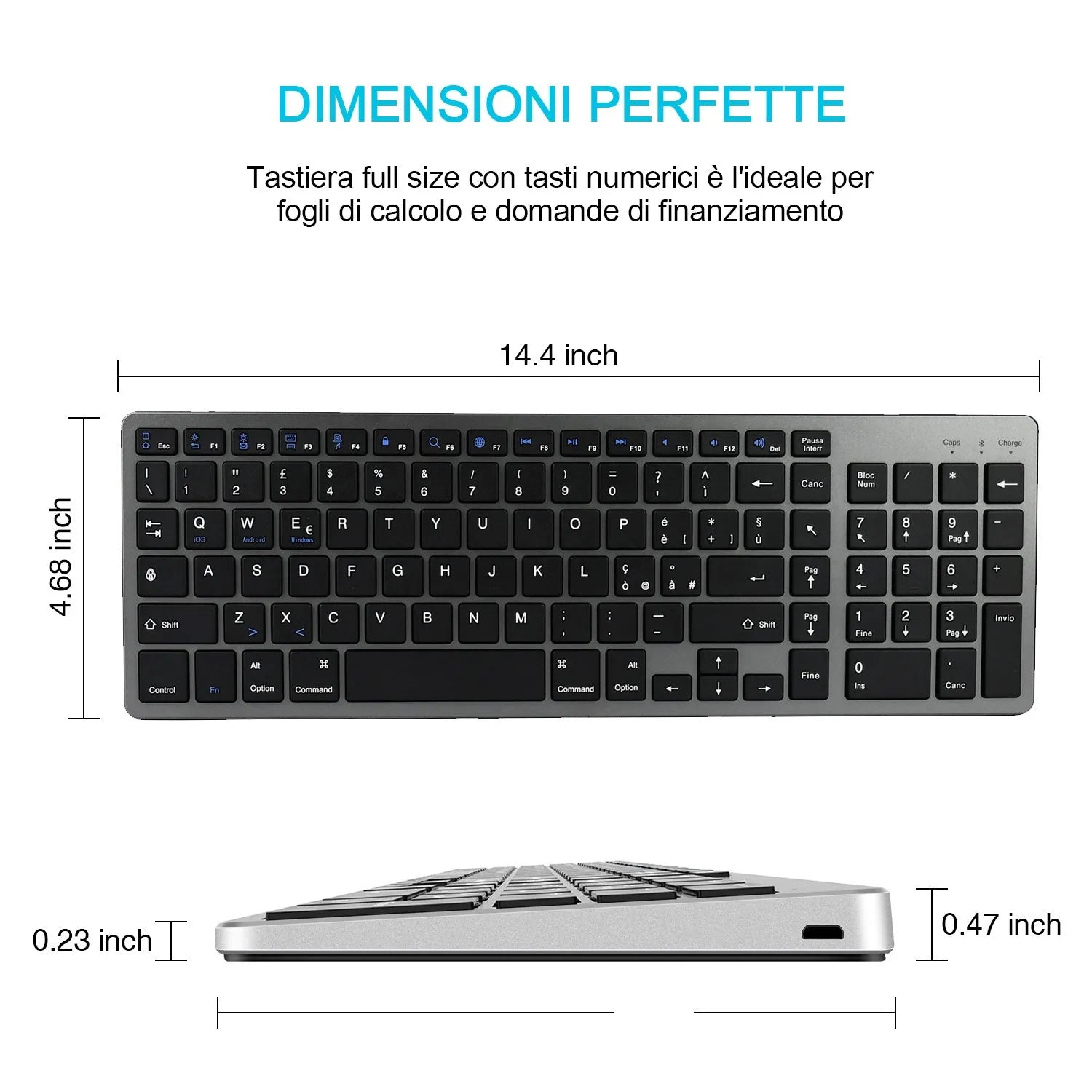 Ultra-thin white Bluetooth keyboard next to a tablet, showing its slim 13mm profile and 104-key layout.