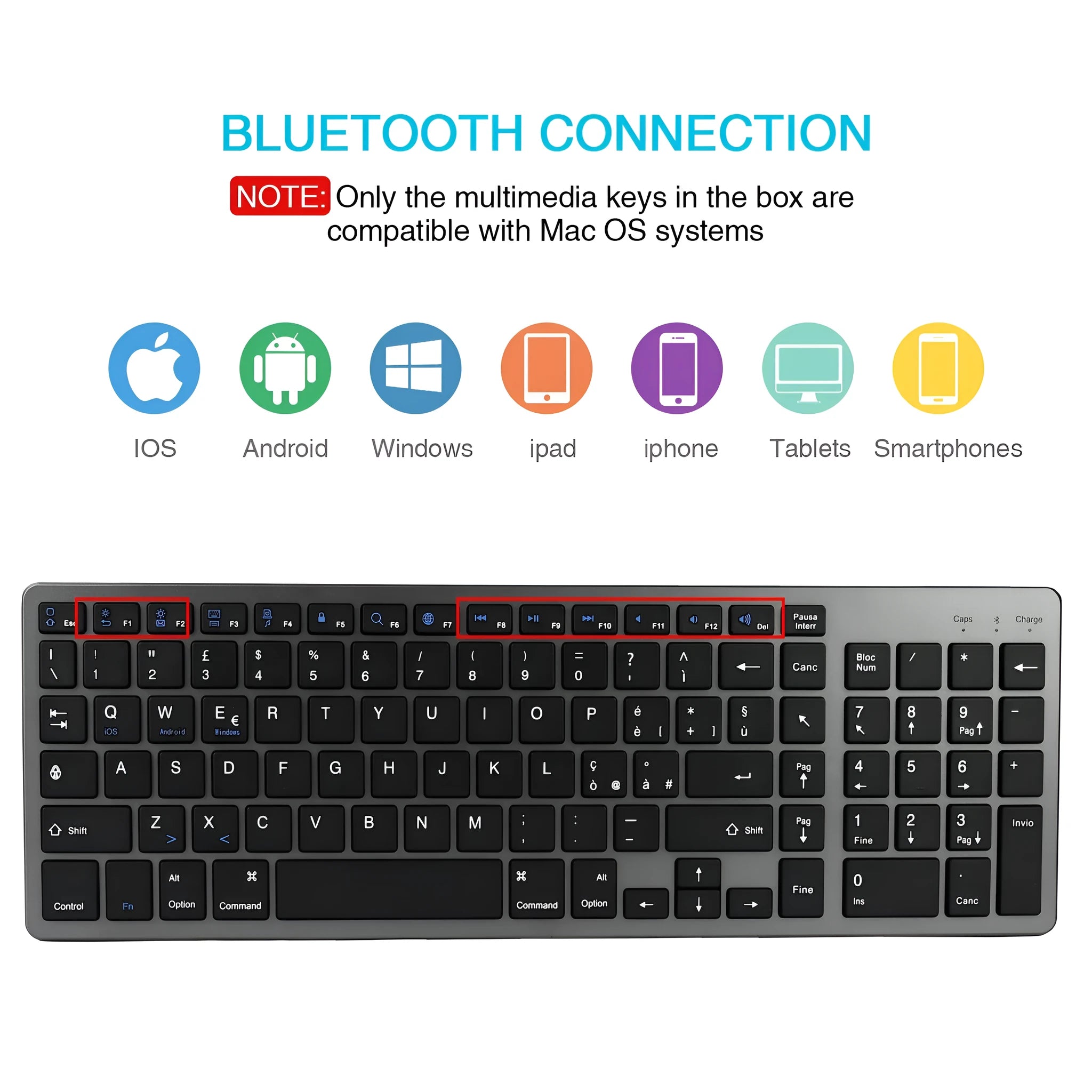 Ultra-thin white Bluetooth keyboard next to a tablet, showing its slim 13mm profile and 104-key layout.