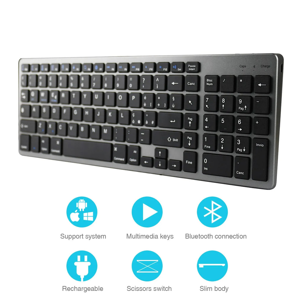 Ultra-thin white Bluetooth keyboard next to a tablet, showing its slim 13mm profile and 104-key layout.