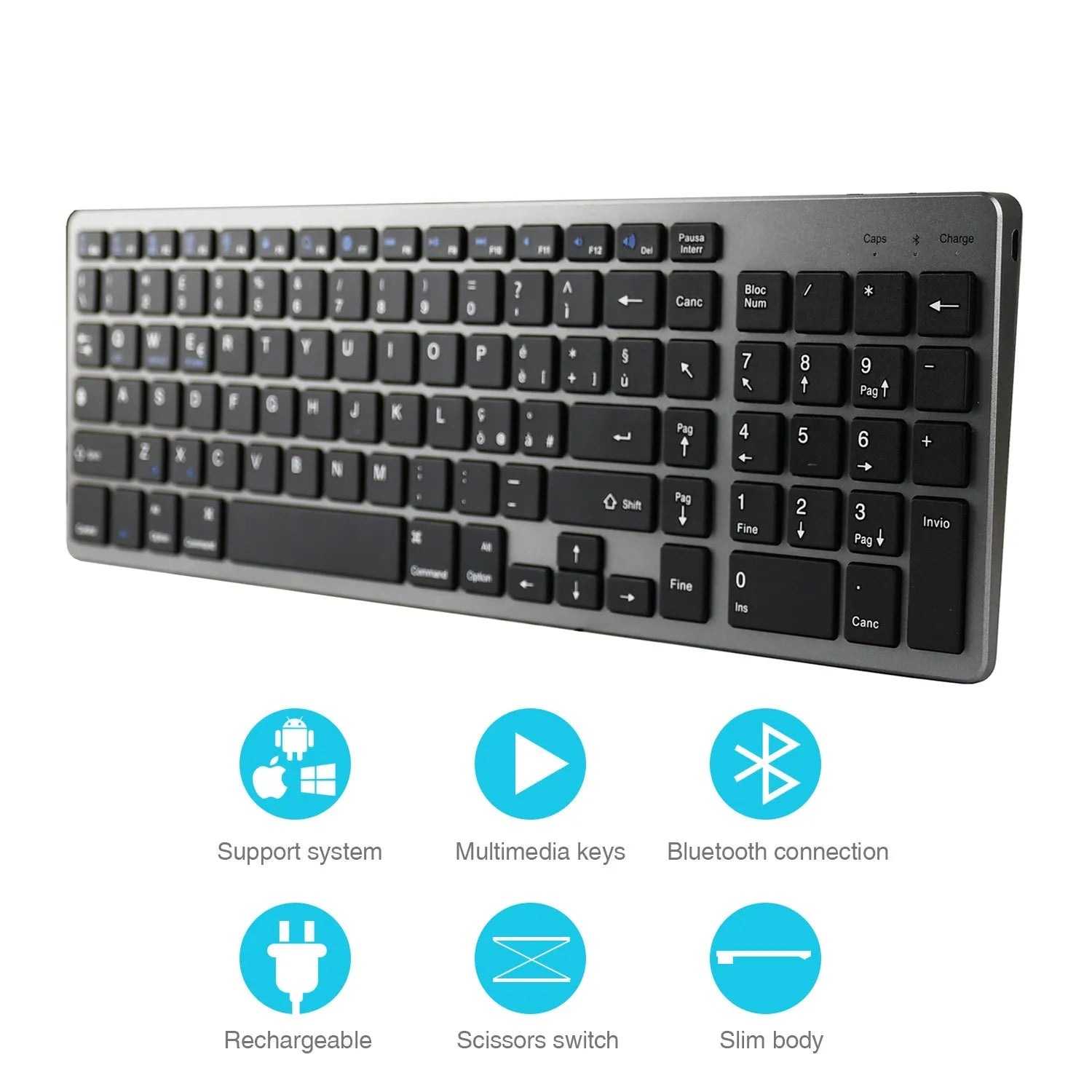 Ultra-thin white Bluetooth keyboard next to a tablet, showing its slim 13mm profile and 104-key layout.