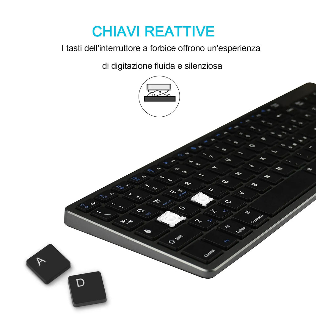 Ultra-thin white Bluetooth keyboard next to a tablet, showing its slim 13mm profile and 104-key layout.