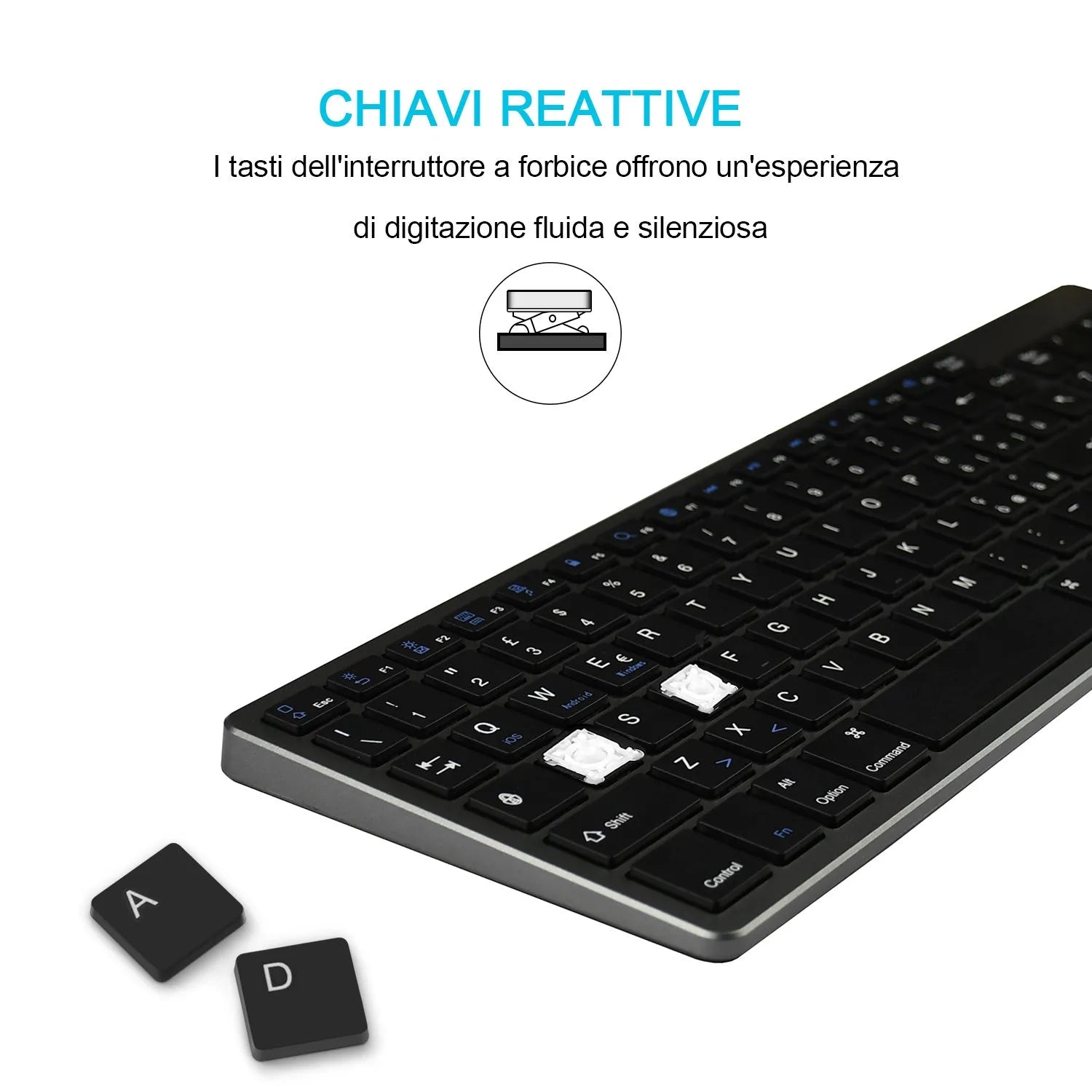 Ultra-thin white Bluetooth keyboard next to a tablet, showing its slim 13mm profile and 104-key layout.