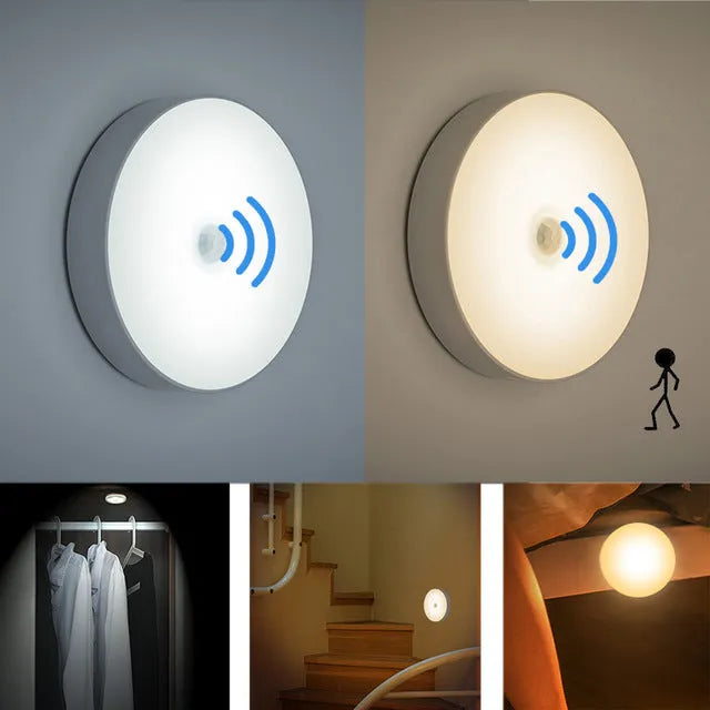 White USB rechargeable motion sensor night light with 86mm diameter showing LED light beads