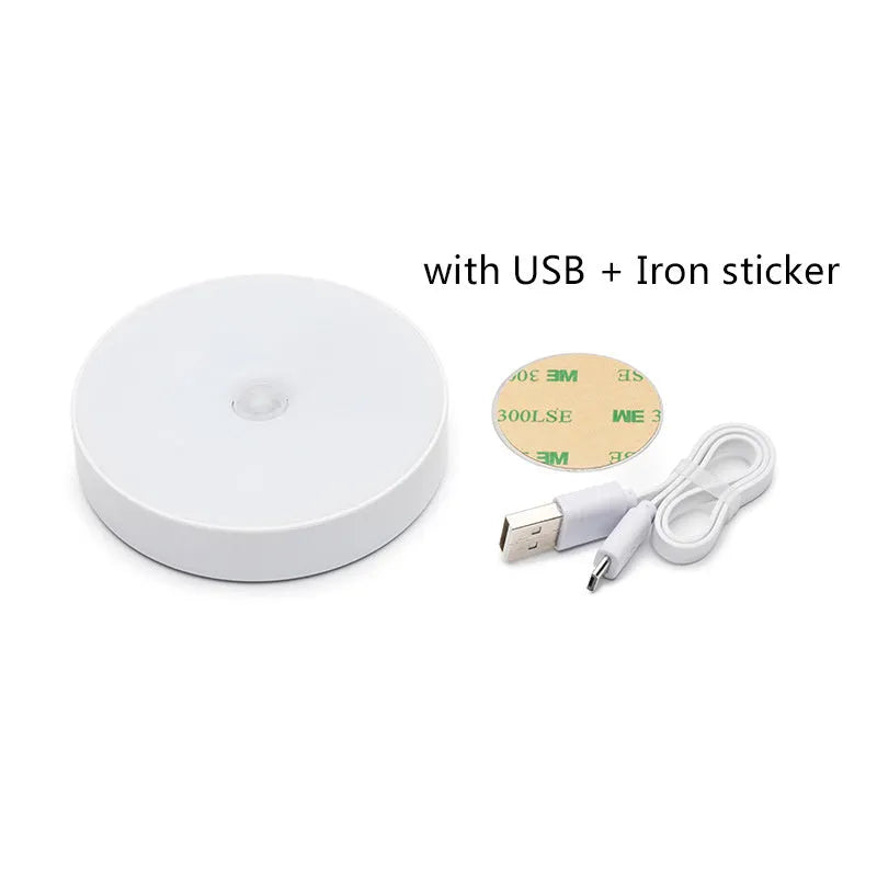 White USB rechargeable motion sensor night light with 86mm diameter showing LED light beads