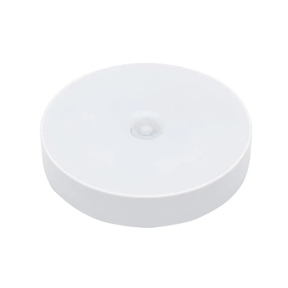 White USB rechargeable motion sensor night light with 86mm diameter showing LED light beads