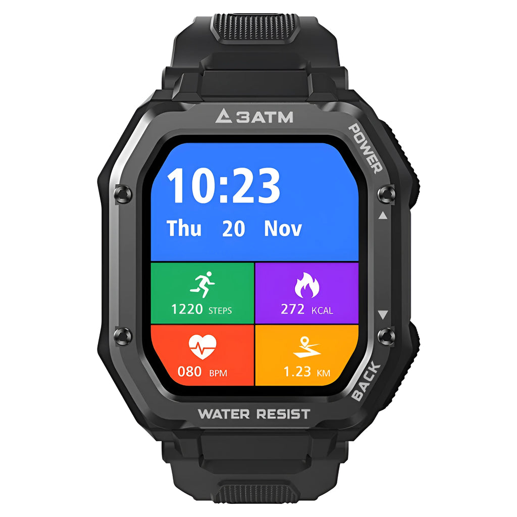 Army green smart watch with 1.69-inch screen showing sports tracking interface