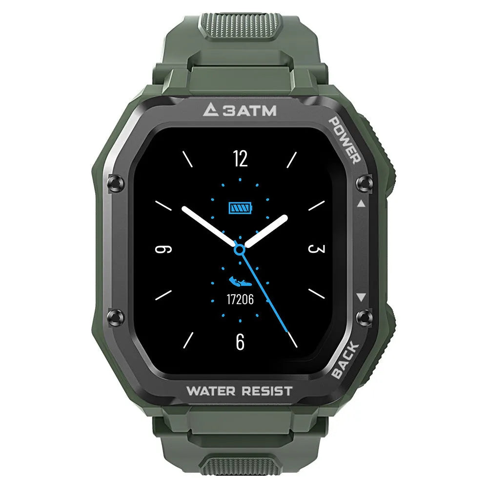 Army green smart watch with 1.69-inch screen showing sports tracking interface