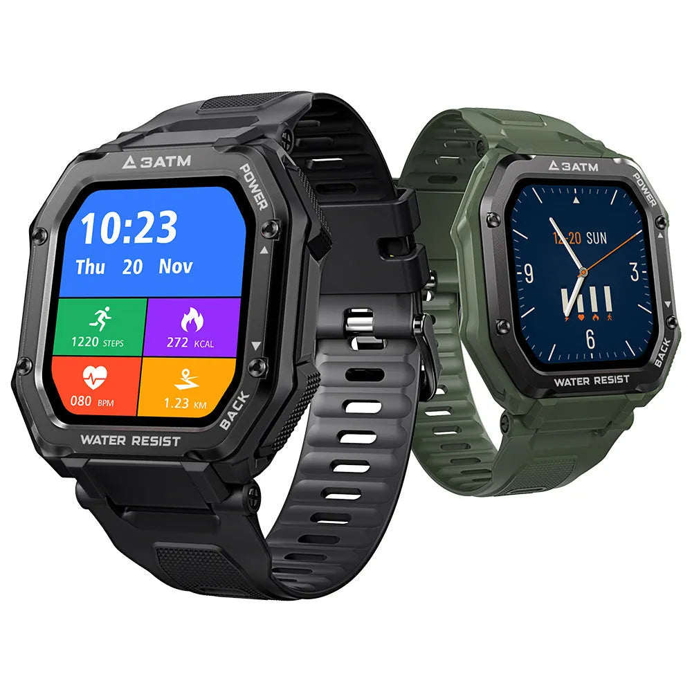 Army green smart watch with 1.69-inch screen showing sports tracking interface