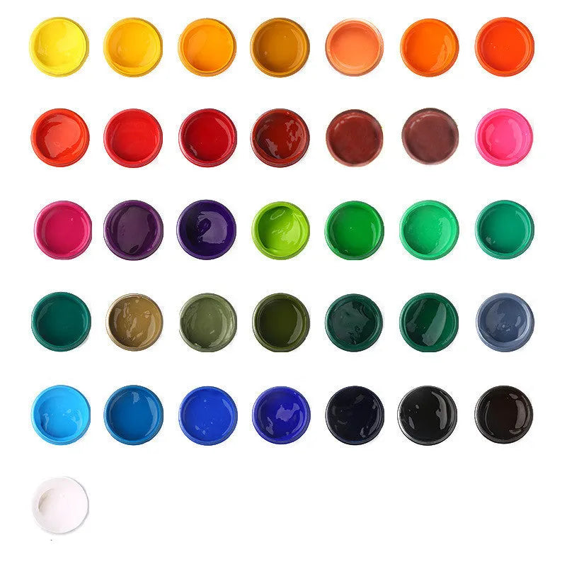 Eight bottled gouache paint colours including black, blue, dark blue, orange, purple, red, sky blue and yellow