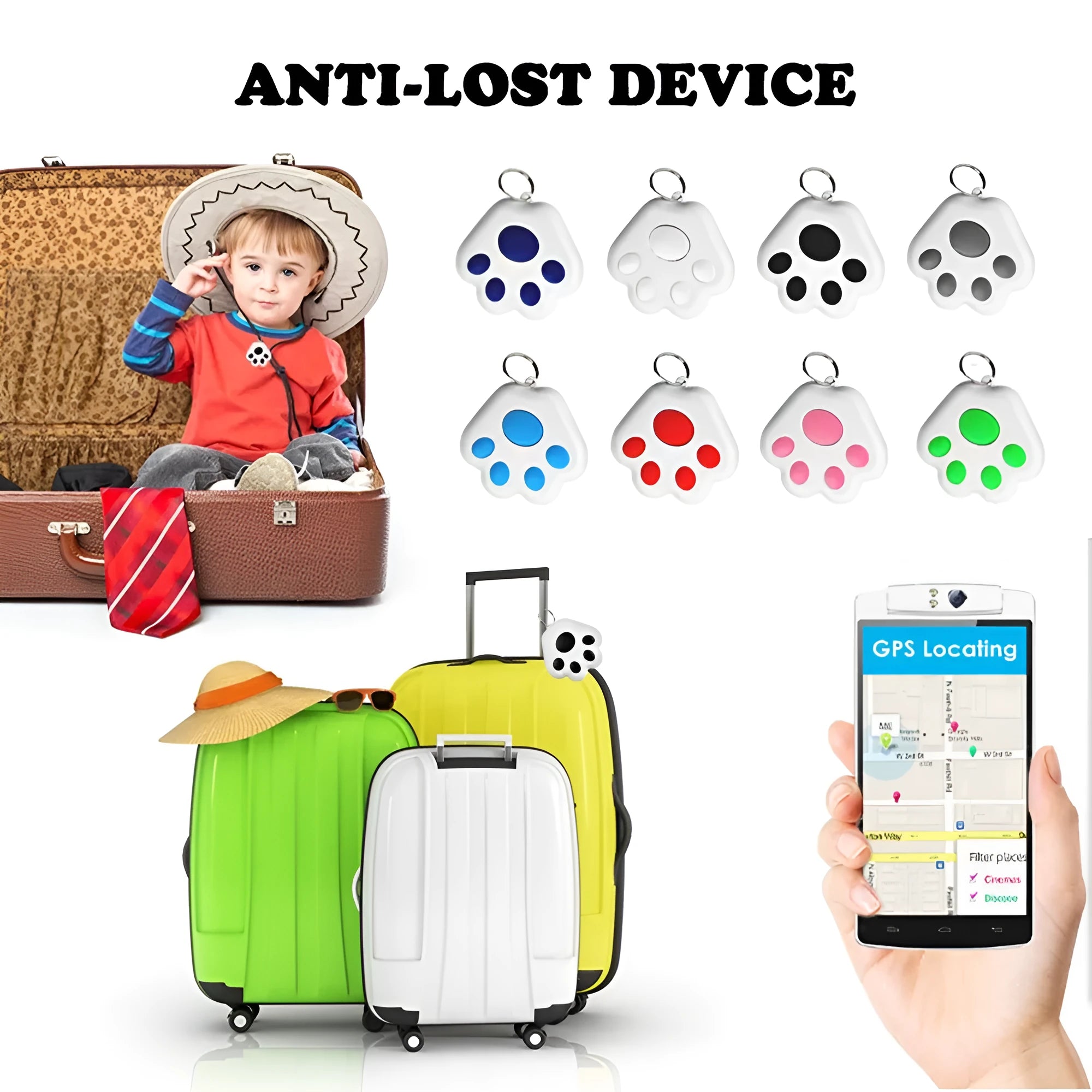 Bluetooth dog tracker pendant in various colours showing compact dimensions for collar attachment
