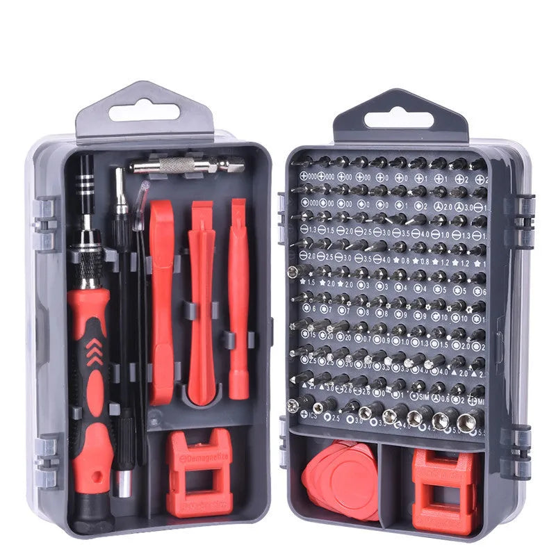 117-in-1 magnetic CRV screwdriver bit set with flexible extension in a choice of black, blue, or red box.