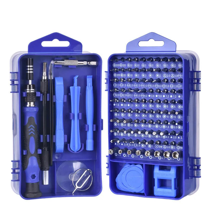 117-in-1 magnetic CRV screwdriver bit set with flexible extension in a choice of black, blue, or red box.